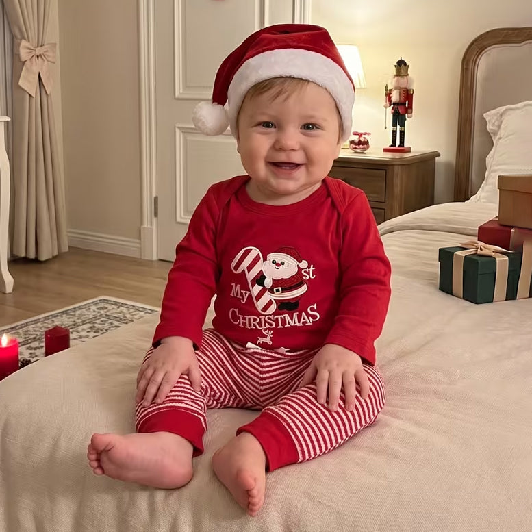3PCS Cute My 1st Christmas Santa Letter Embroidery Striped Baby Set