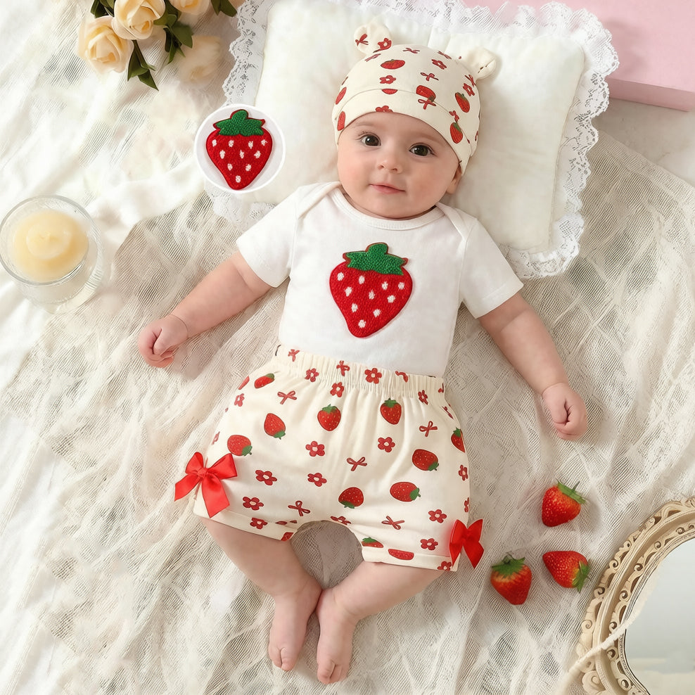 3PCS Lovely Strawberry & Floral Print Short Sleeve Baby Set