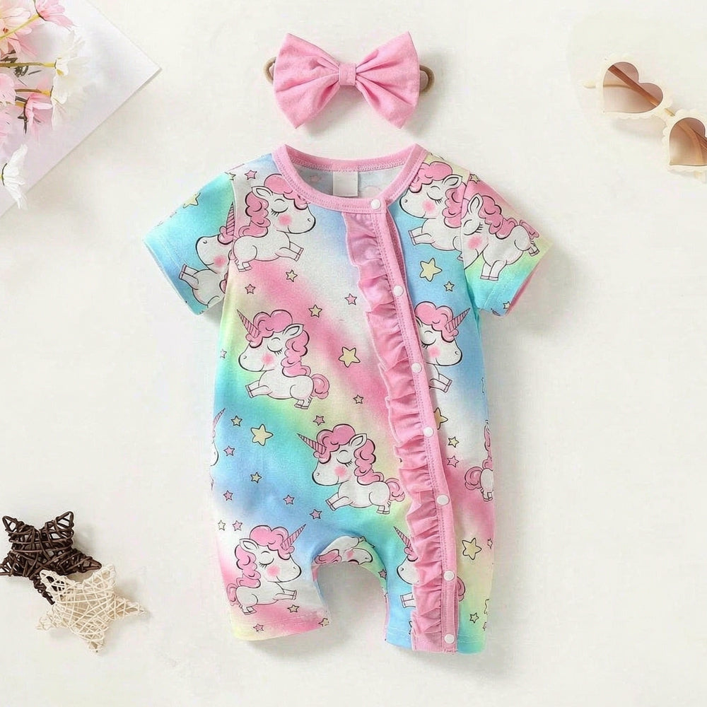 2PCS Dreamy Unicorn and Stars Printed Short Sleeve Baby Jumpsuit