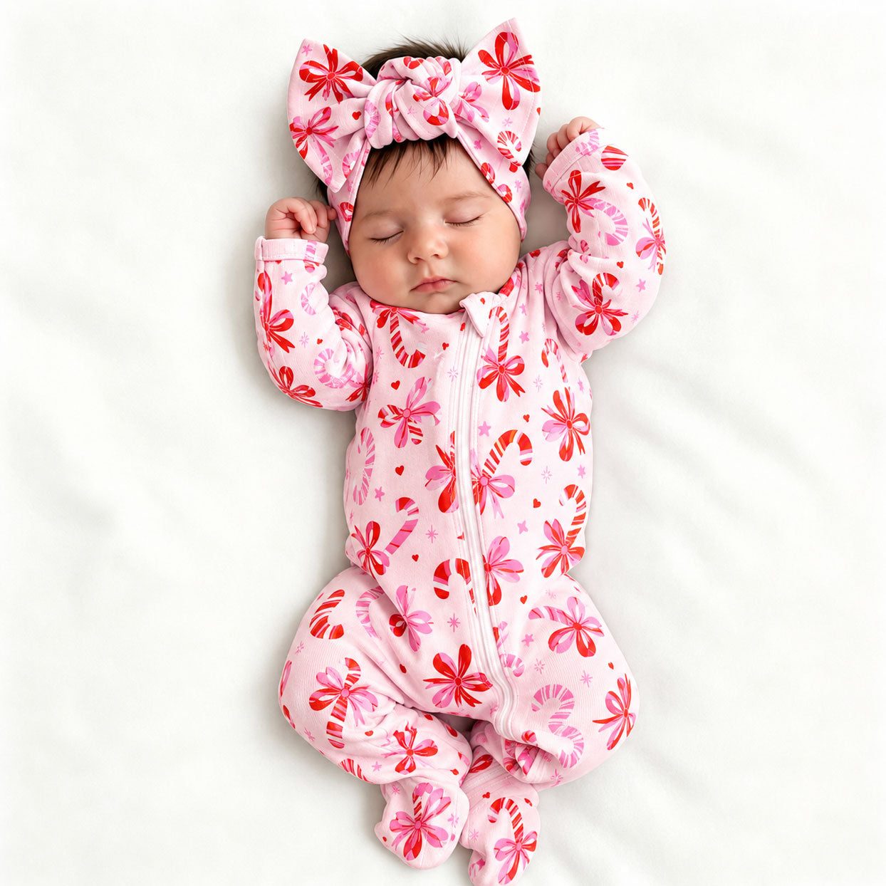 2PCS Lovely Christmas Candy Cane Printed Zipper Baby Jumpsuit