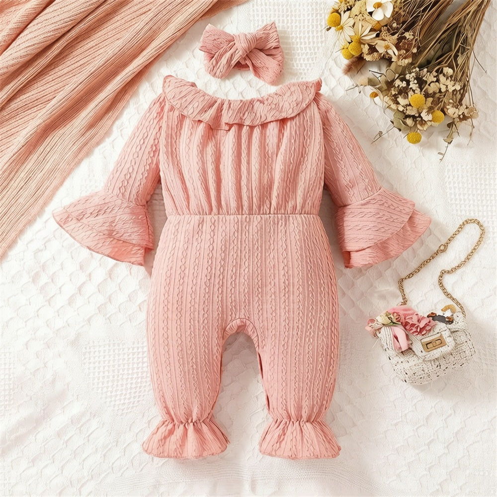 2PCS Lovely Solid Color Floral Appliqué Baby Jumpsuit