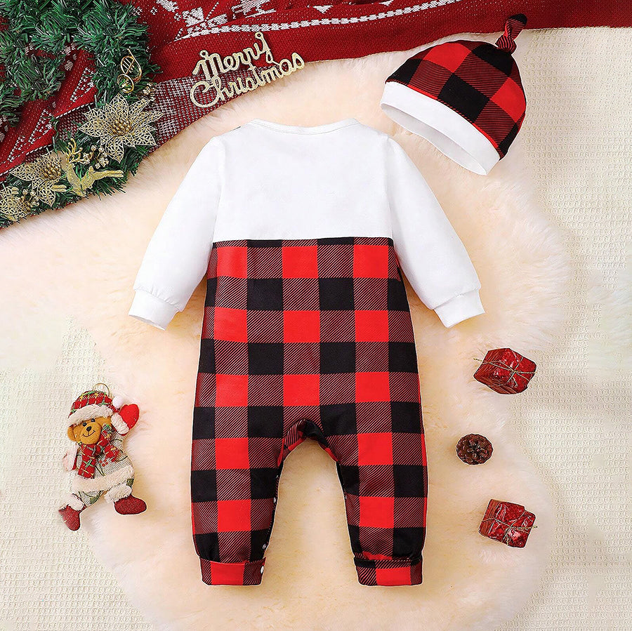 2PCS Christmas Santa Plaid Printed Long Sleeve Baby Jumpsuit