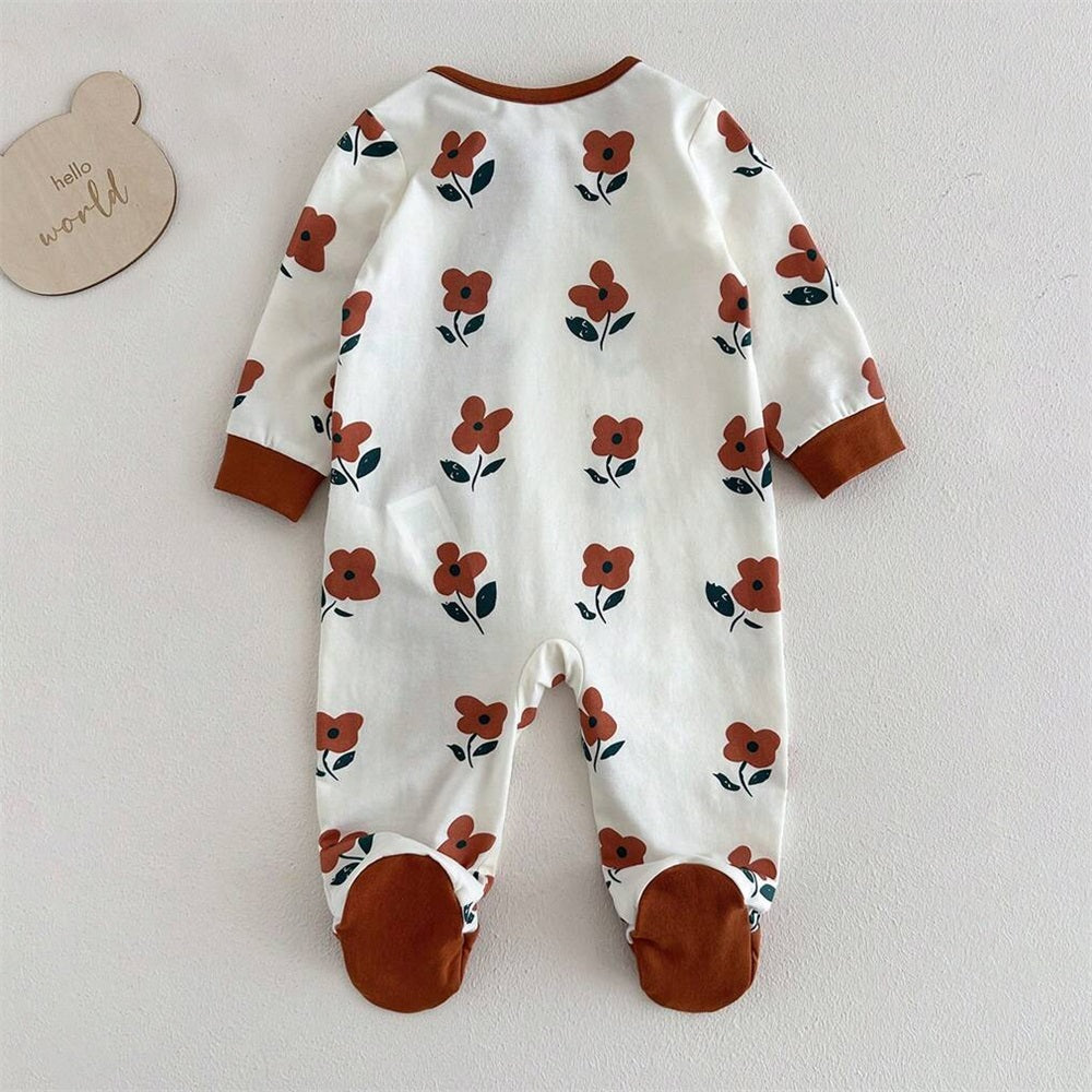 2PCS Casual Floral Printed Long Sleeve Zip Baby Jumpsuit