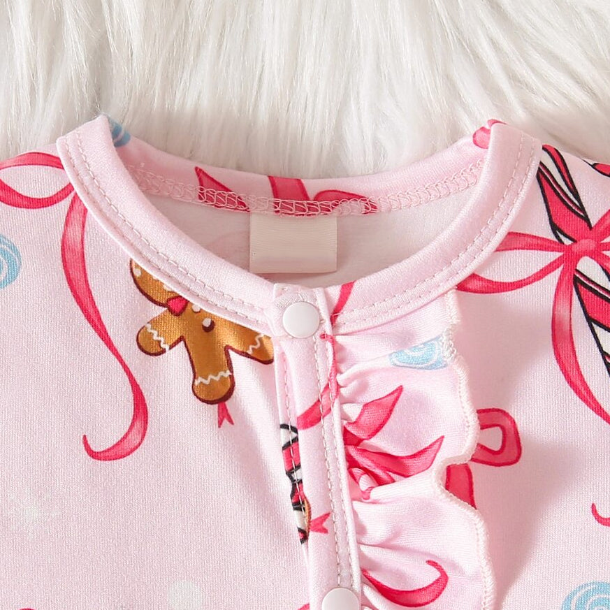 2PCS Gingerbread Man Bow Print Long Sleeve Baby Zipper Jumpsuit