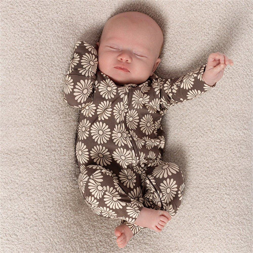 Casual Floral Print Long Sleeve Zipper Baby Jumpsuit
