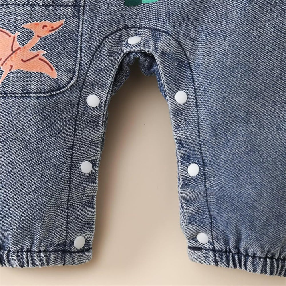 2PCS Casual Dinosaur Print Striped Long Sleeve Denim Overalls Baby Set