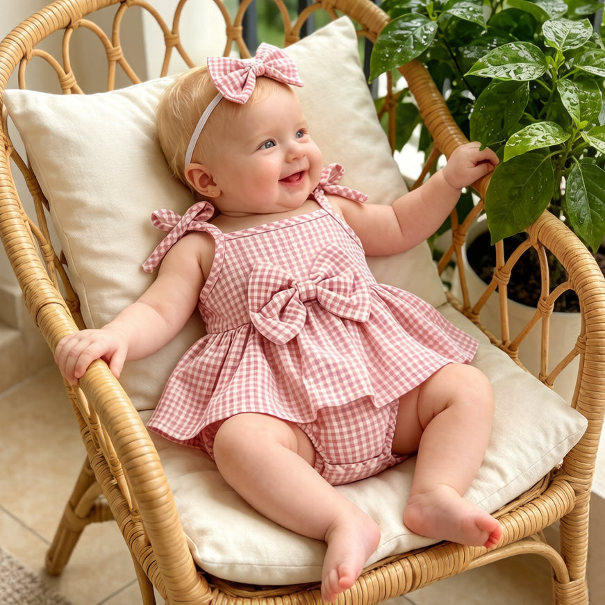 2PCS Pretty Plaid Print Bowknot Sleeveless Baby Romper