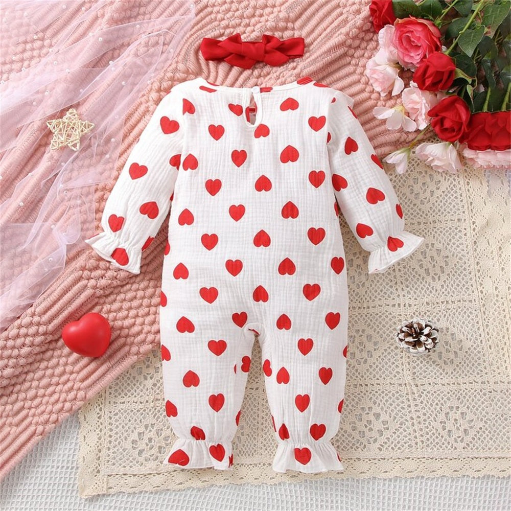 2PCS Winsome Heart Print Long Sleeve Baby Jumpsuit