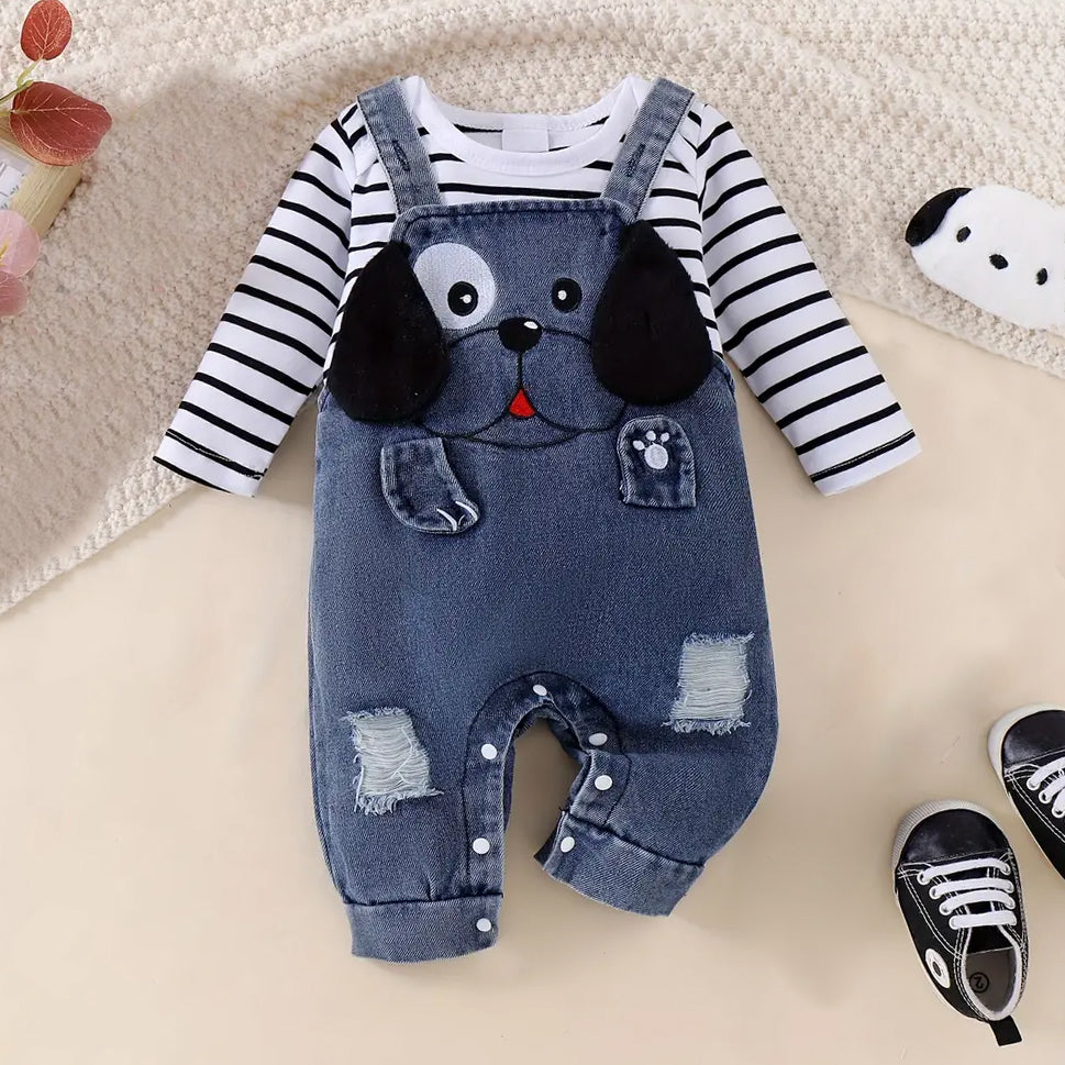 2PCS Cartoon Animal Pattern Ripped Suspender Trousers Baby Set