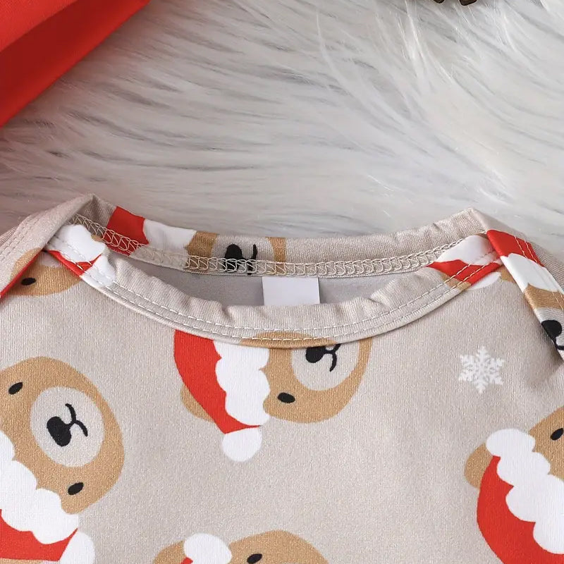 2PCS Bear Santa Hat Printed Long Sleeve Baby Set