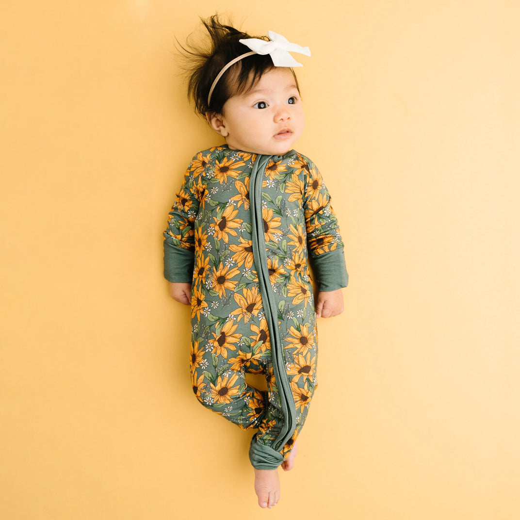 Elegant Sunflower Printed Long Sleeve Zipper Baby Jumpsuit