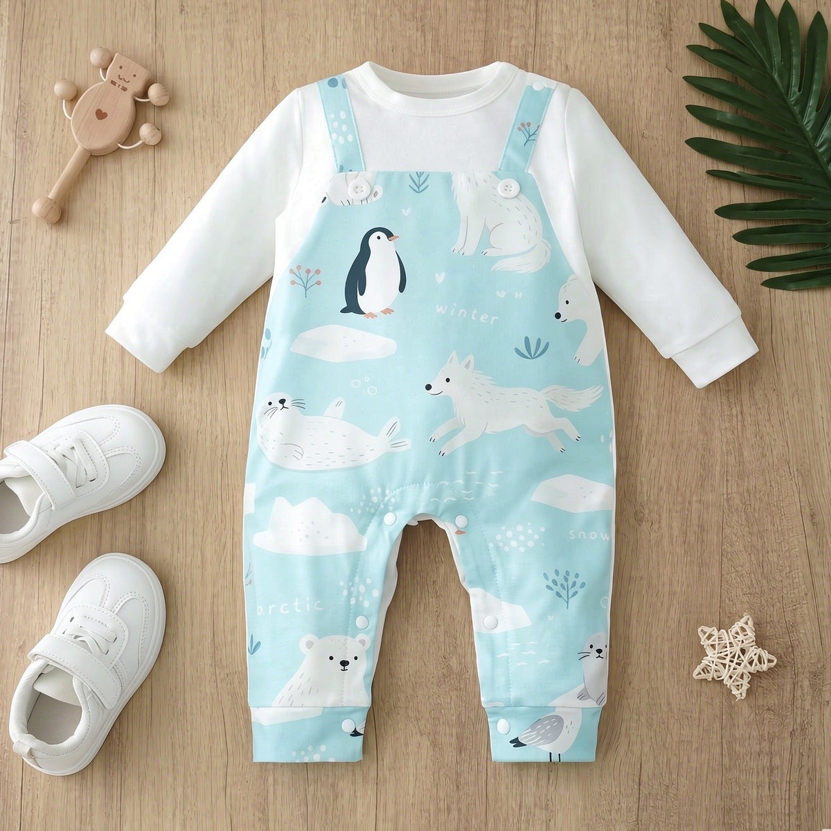 Casual Polar Animal Penguin Seal Print Faux Two Piece Baby Jumpsuit