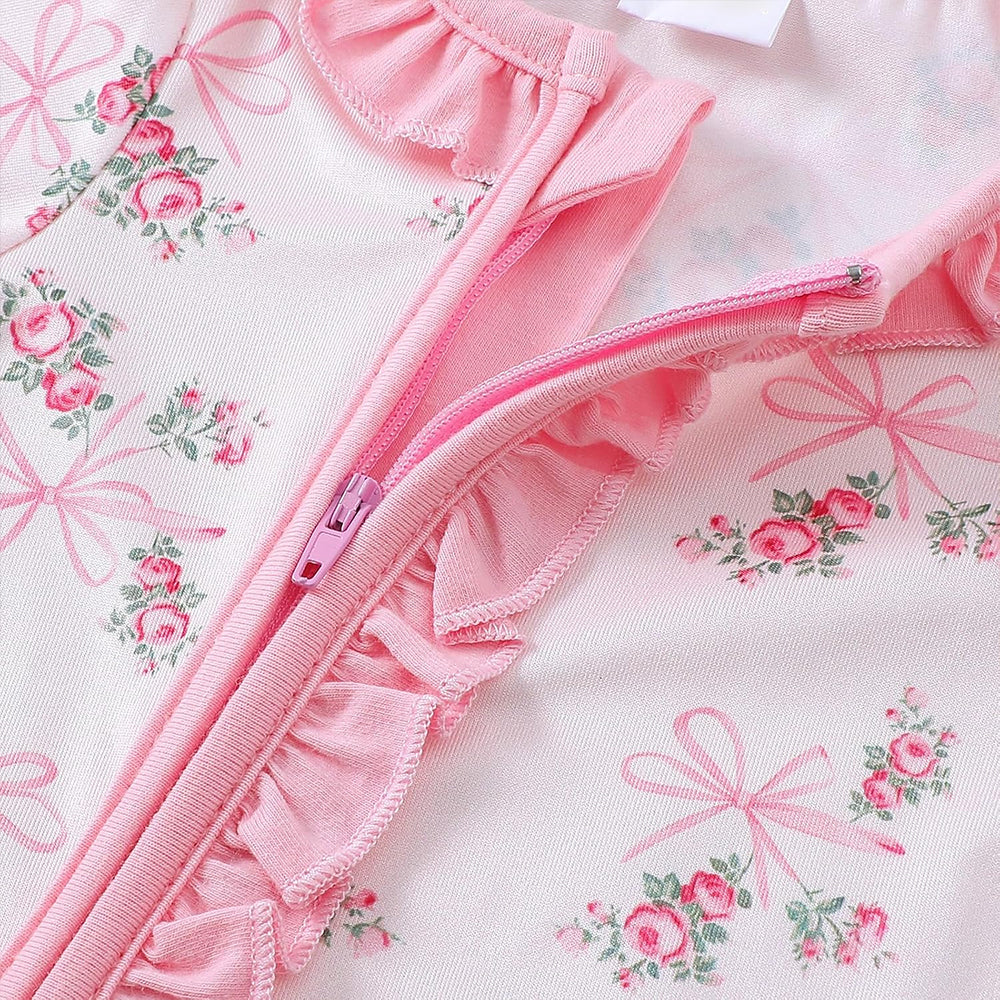 3PCS Delightful Bow Floral Printed Ruffle Zipper Long Sleeve Baby Jumpsuit