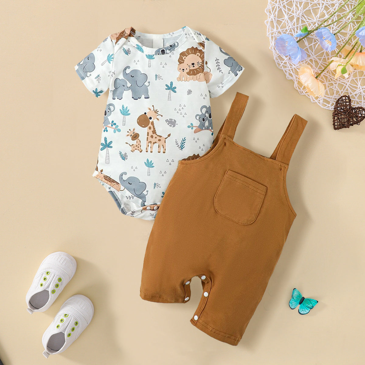 2PCS Cute Animal Printed Top And Overalls Baby Set