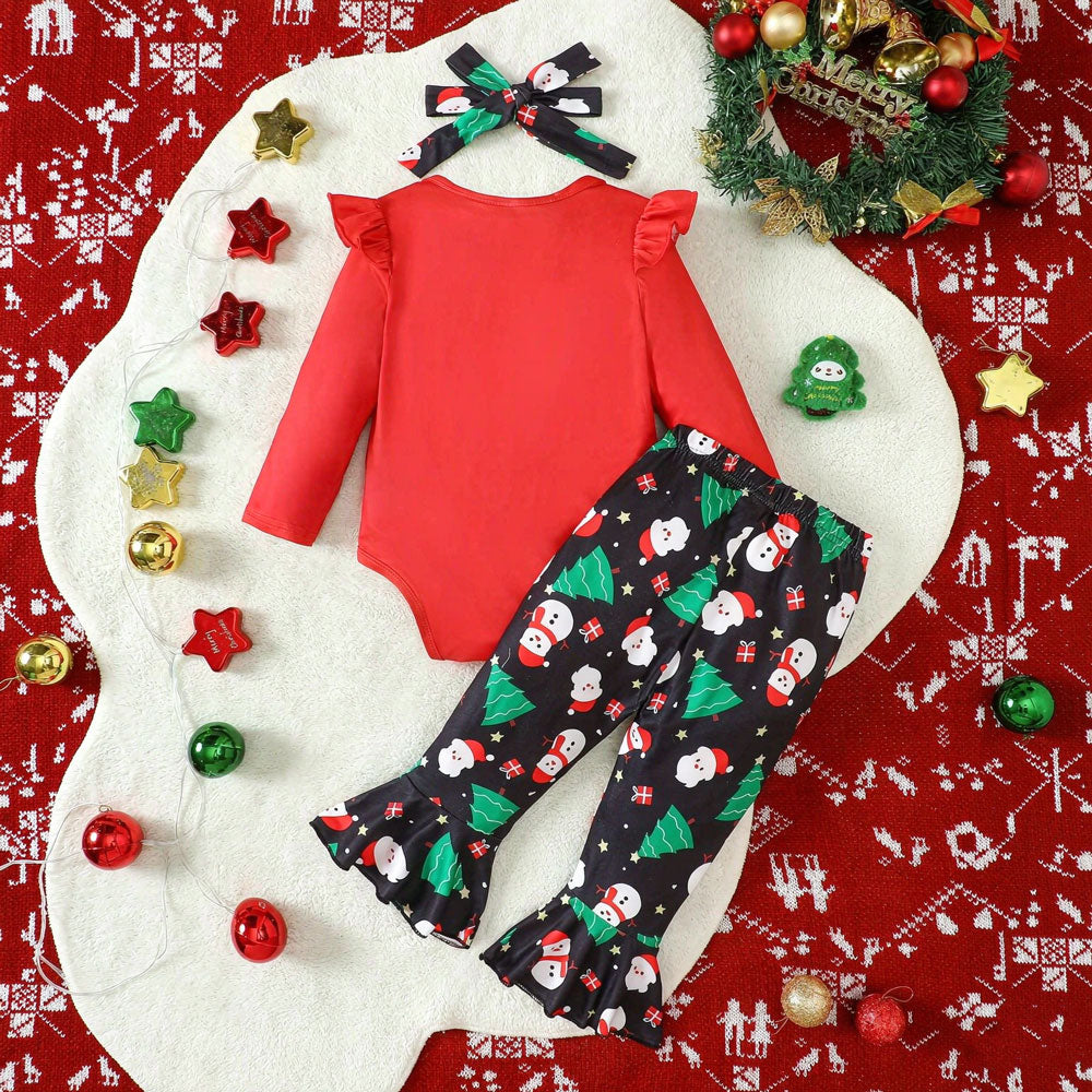 3PCS Pretty My 1st Christmas Trees Letter Santa Claus Printed Baby Set