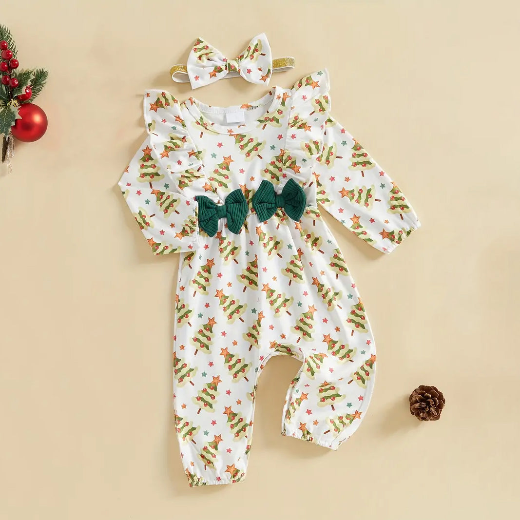 2PCS Christmas Tree Printed Bowknot Long Sleeve Baby Jumpsuit