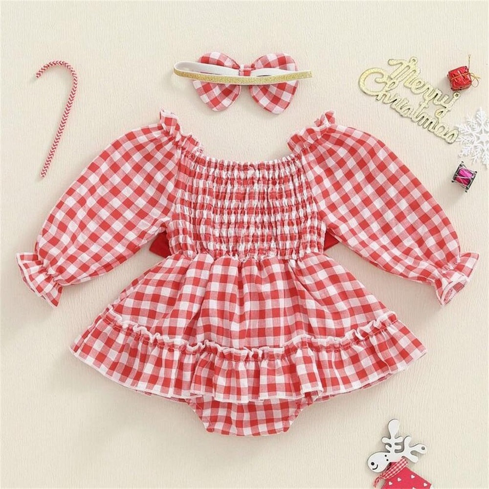 2PCS Christmas Santa Claus Plaid Printed Baby Romper