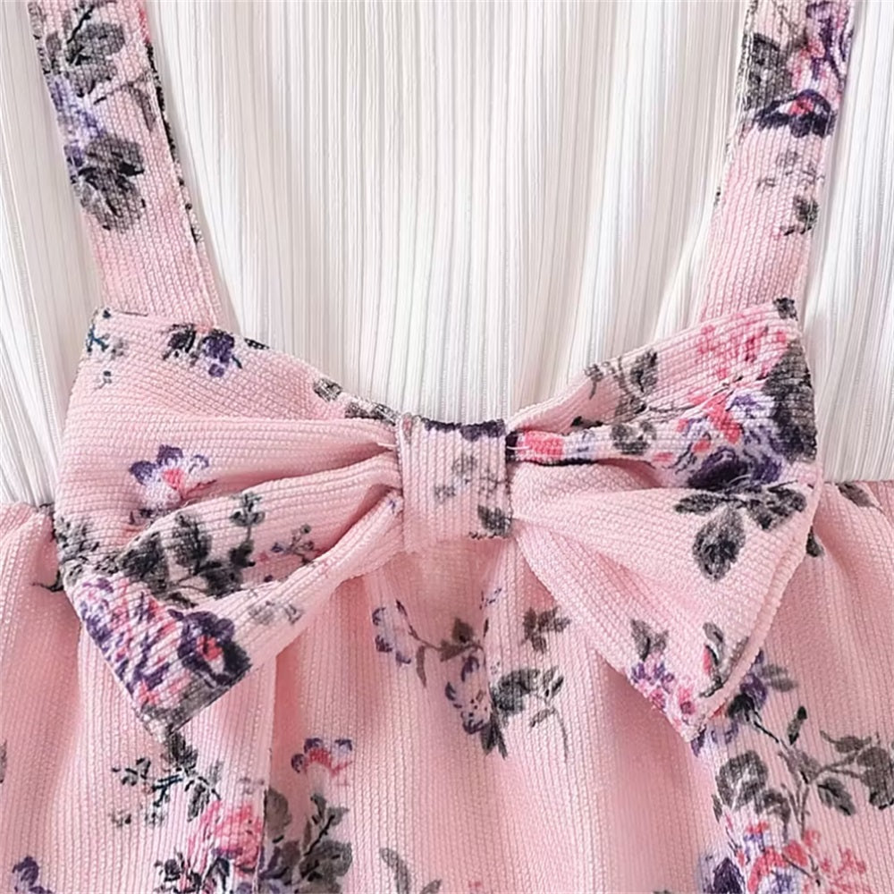 2PCS Sweet Floral Printed Bow Decoration Long Sleeve Baby Jumpsuit