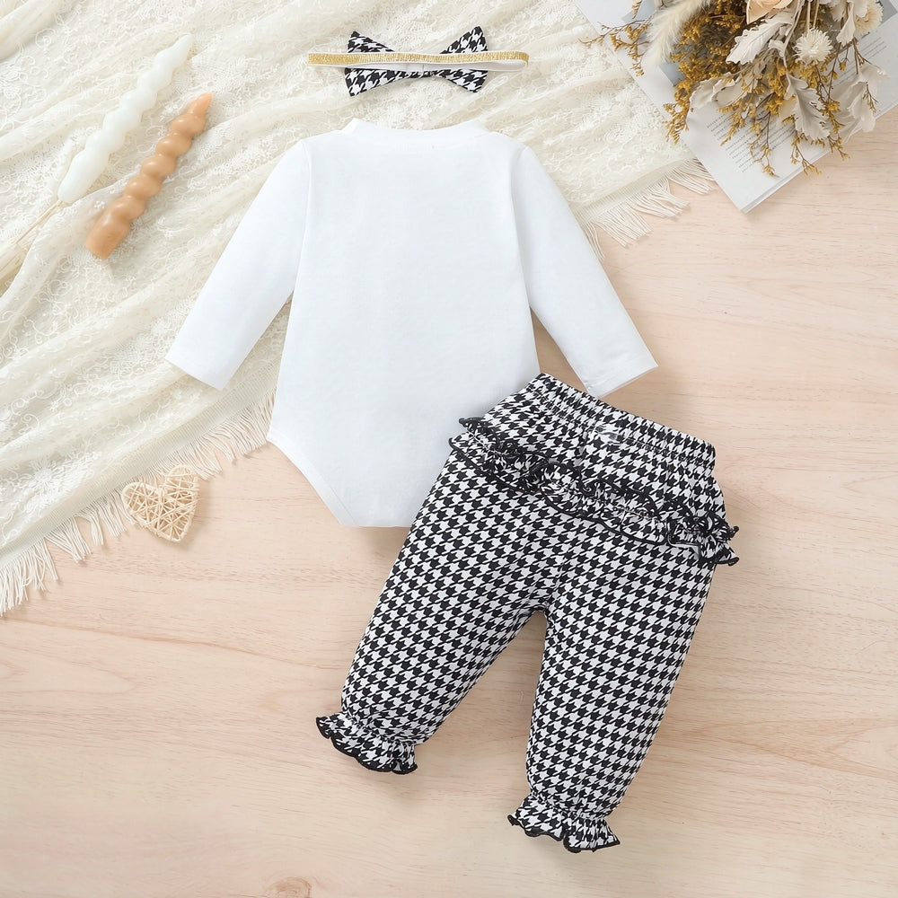 3PCS Chic Heart Houndstooth Print Long Sleeve Baby Girl Set