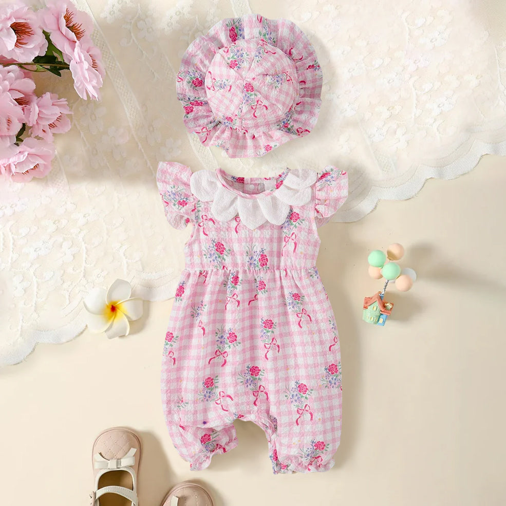 2PCS Sweet Plaid Floral Printed Sleeveless Baby Jumpsuit