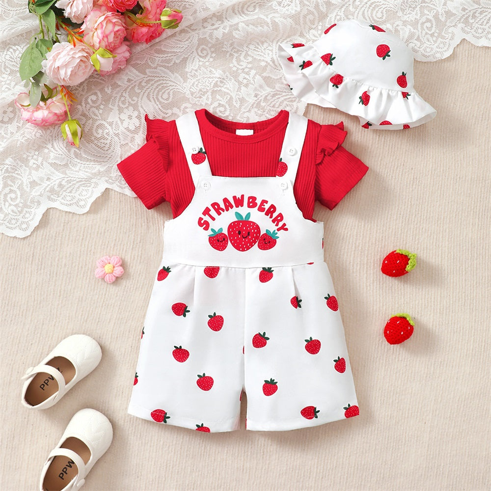 3PCS Adorable Strawberry Printed Short Sleeve Baby Overalls Set