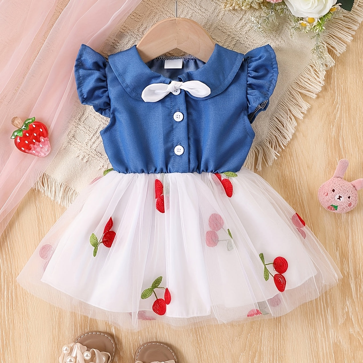 Summer Cherry Print Flounce Sleeve Baby Dress