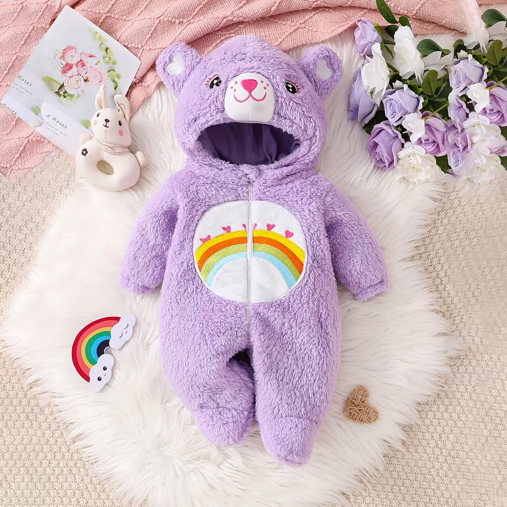 Plush Rainbow Bear Printed Long Sleeve Hooded Baby Jumpsuit