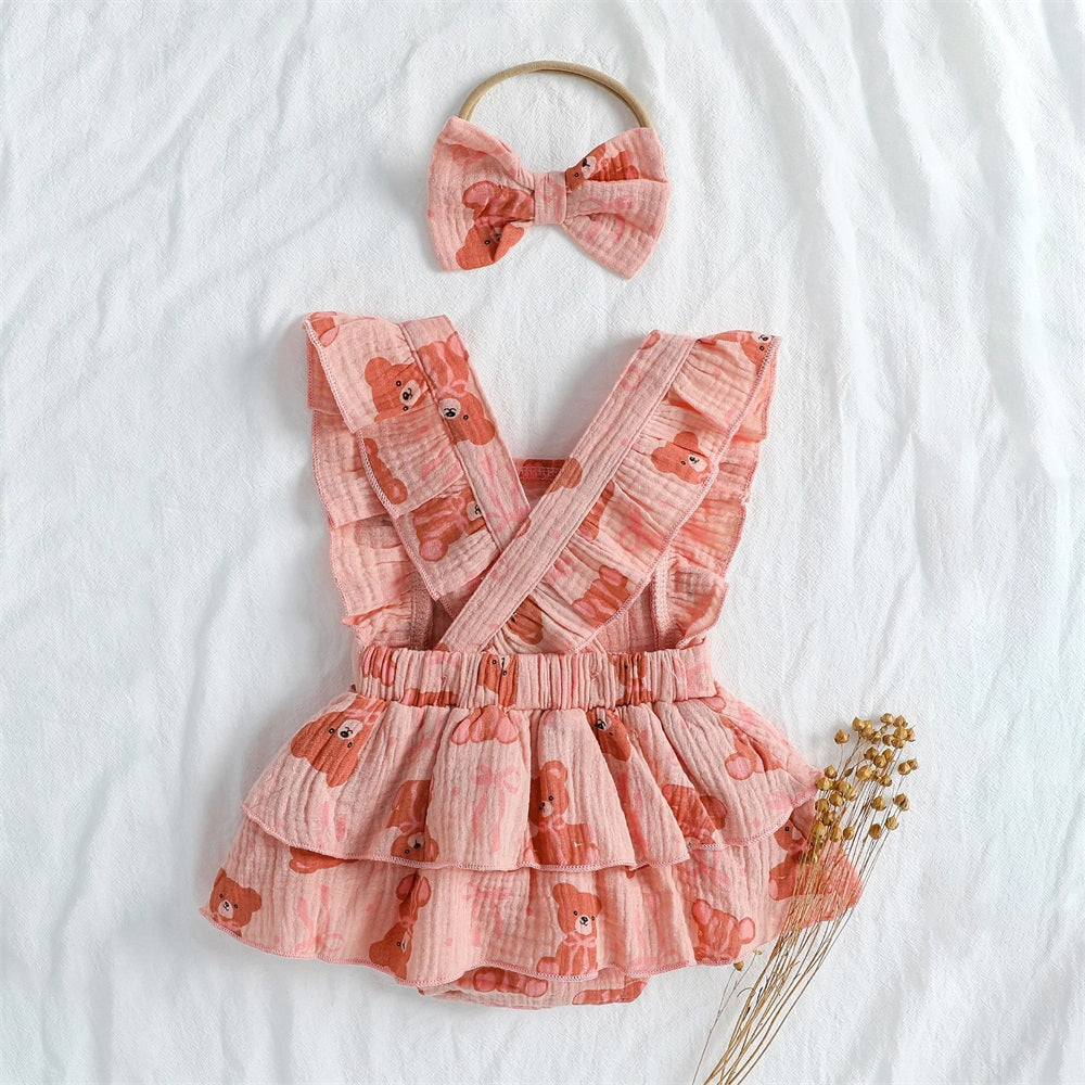 2PCS Cute Bear Printed Ruffled Sleeveless Baby Romper