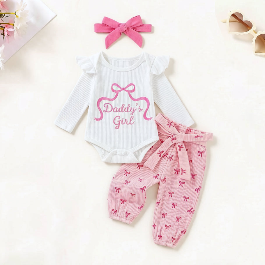 3PCS Daddy's Girl Letter Bow Print Long Sleeve Baby Set