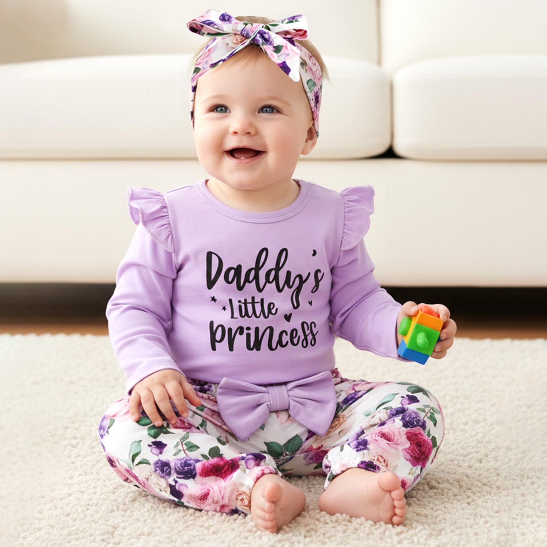 3PCS Sweet Daddy's Little Princess Letter Floral Print Baby Set
