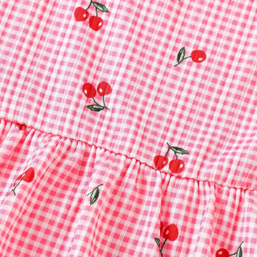 Vibrant Cute Cherry & Plaid Print Sleeveless Baby Romper
