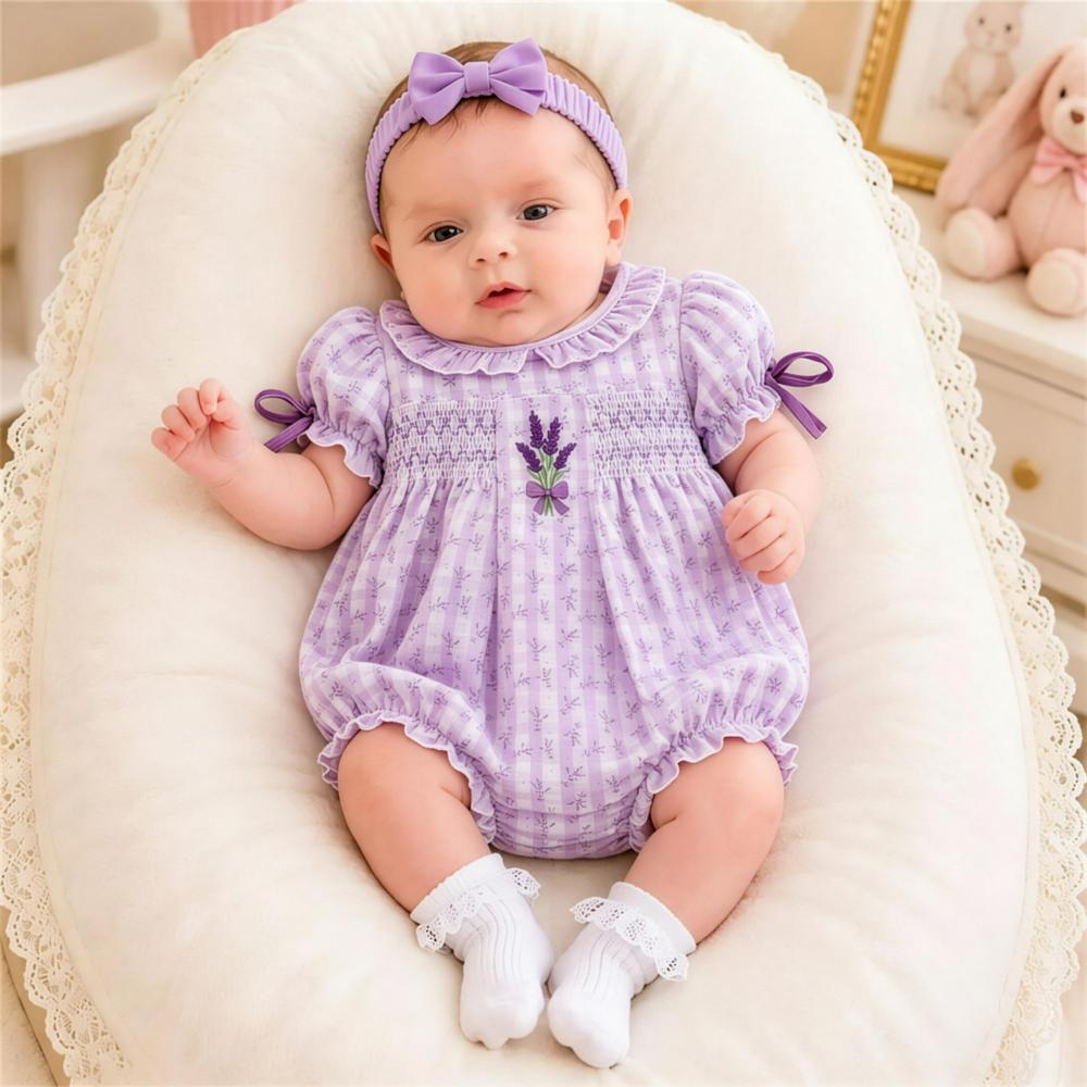 2PCS Comfy Lavender Plaid Printed Short Sleeve Baby Romper