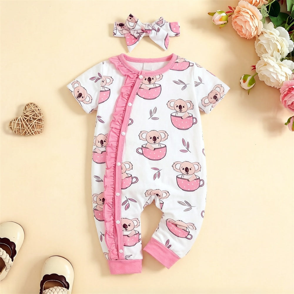 2PCS Lovely Koala Print Short Sleeve Baby Girl Jumpsuit
