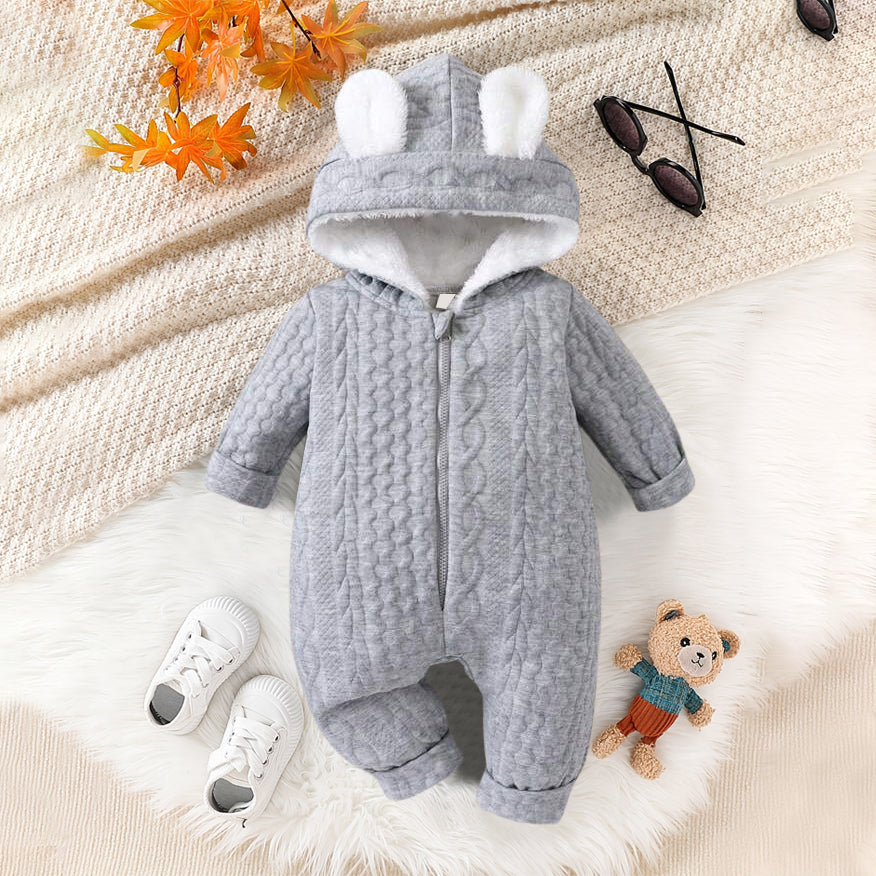 Solid Color Long Sleeve Plush Hooded Baby Jumpsuit