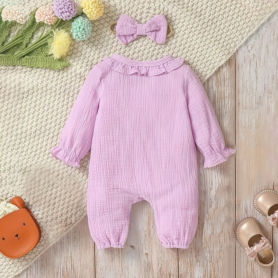 2PCS Solid Color Ruffle Decor Long Sleeve Baby Jumpsuit