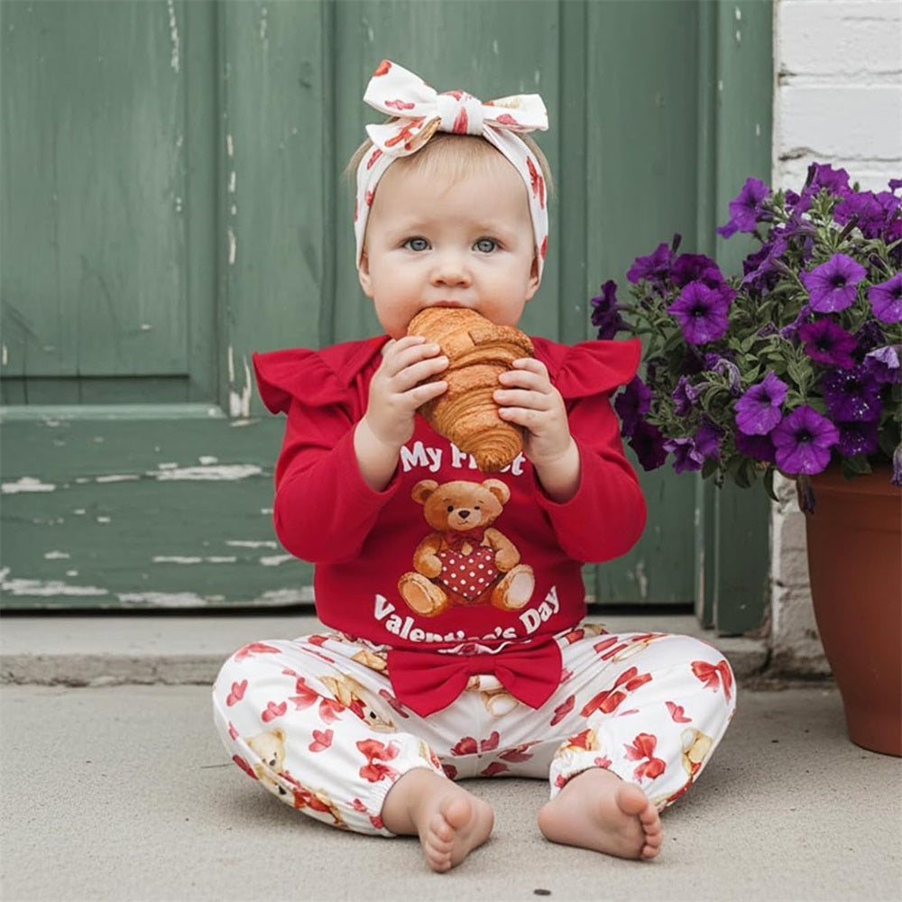 3PCS My First Valentine's Day Letter Bear Print Baby Set