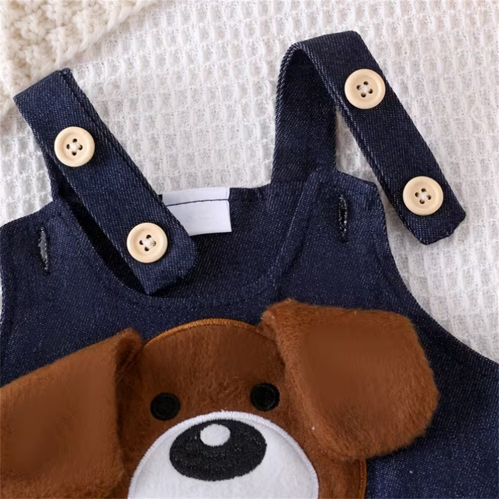 2PCS Cute Puppy Printed Plaid Long Sleeve Baby Overalls Set