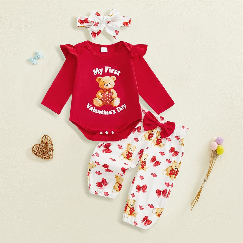 3PCS My First Valentine's Day Letter Bear Print Baby Set