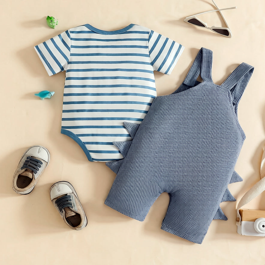 2PCS Dinosaur Stripe Printed Short Sleeve Baby Overalls Set
