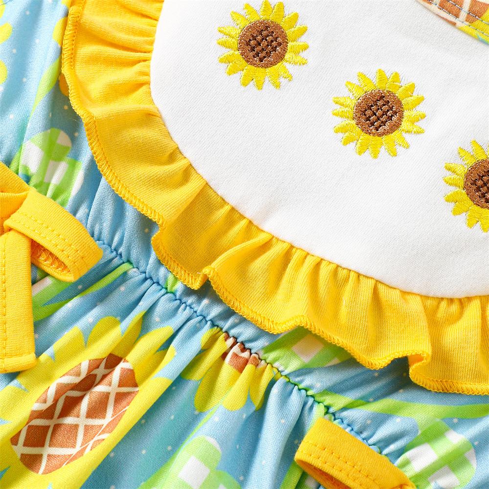2PCS Sweet Sunflower Print Bow Flutter Sleeve Baby Romper