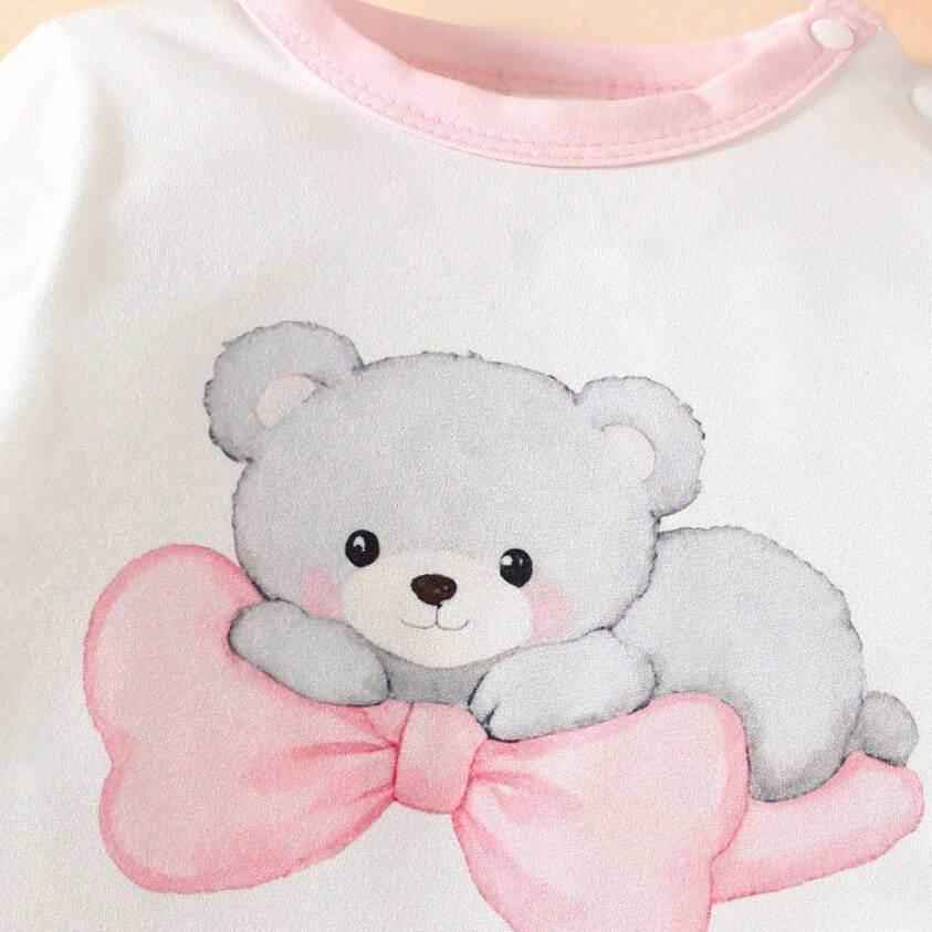 3PCS Lovely Bow Bear and Clover Print Long Sleeve Baby Set