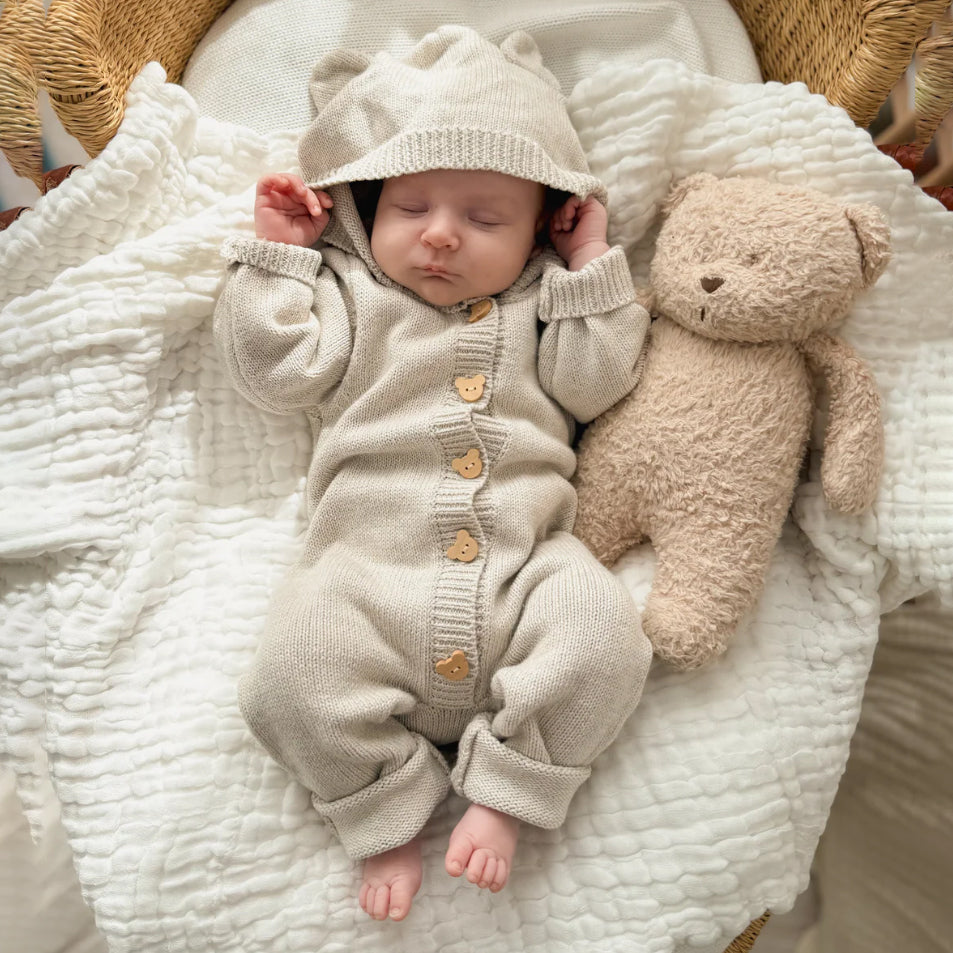 Solid Color Knit Long Sleeve Hoodie Baby Jumpsuit