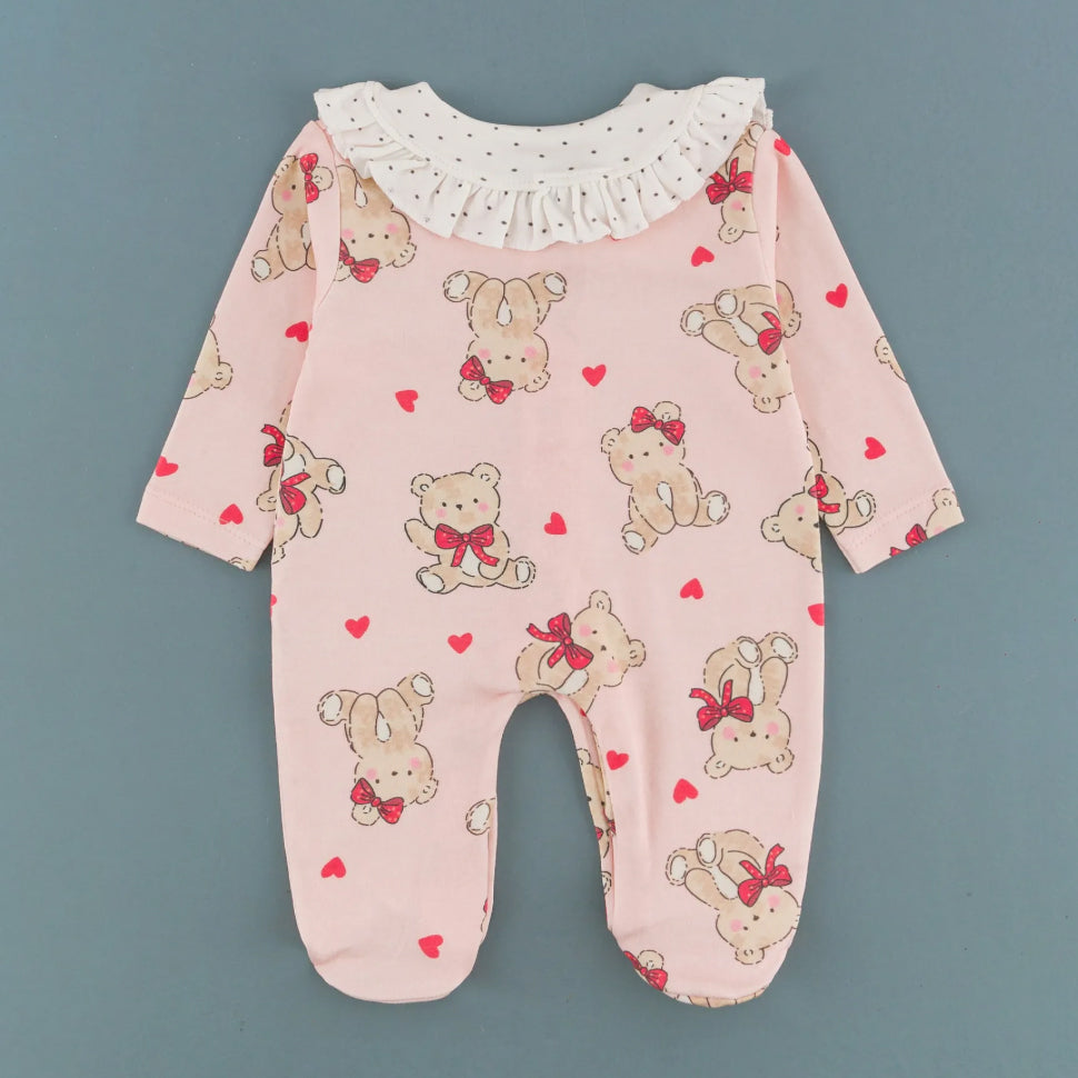 Lively Teddy Bear Heart Print Long Sleeve Baby Girl Jumpsuit
