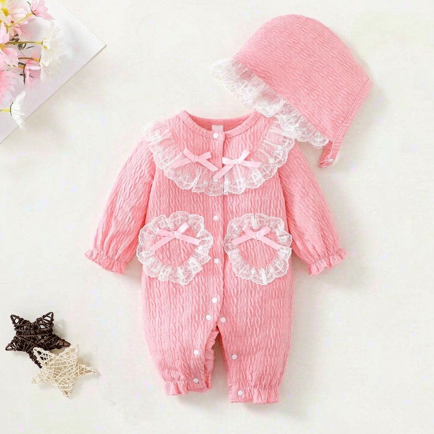2PCS Adorable Solid Color Long Sleeve Lace Baby Girl Jumpsuit