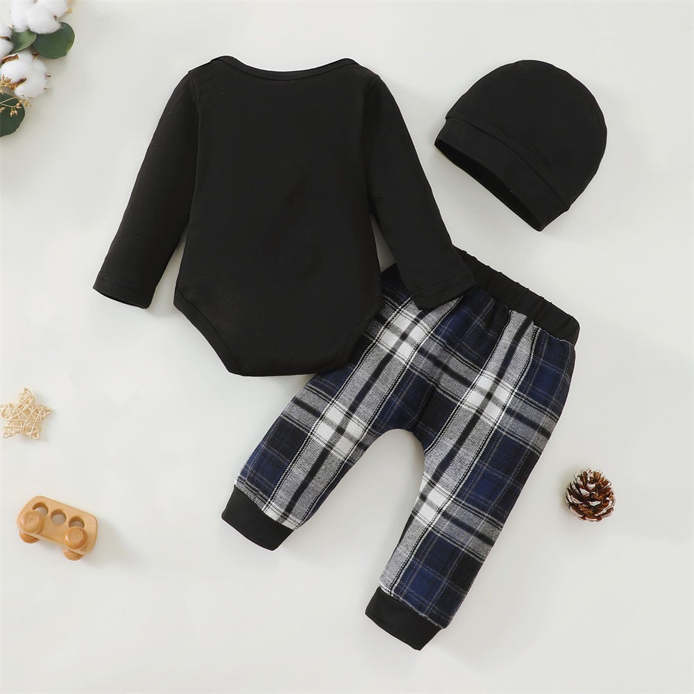3PCS New To The Crew Letter Print Plaid Long Sleeve Baby Set