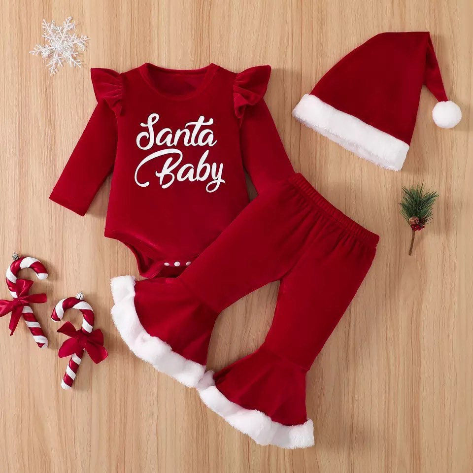 Conjunto de bebé con estampado de letras navideñas de Papá Noel y bebé de 3 piezas