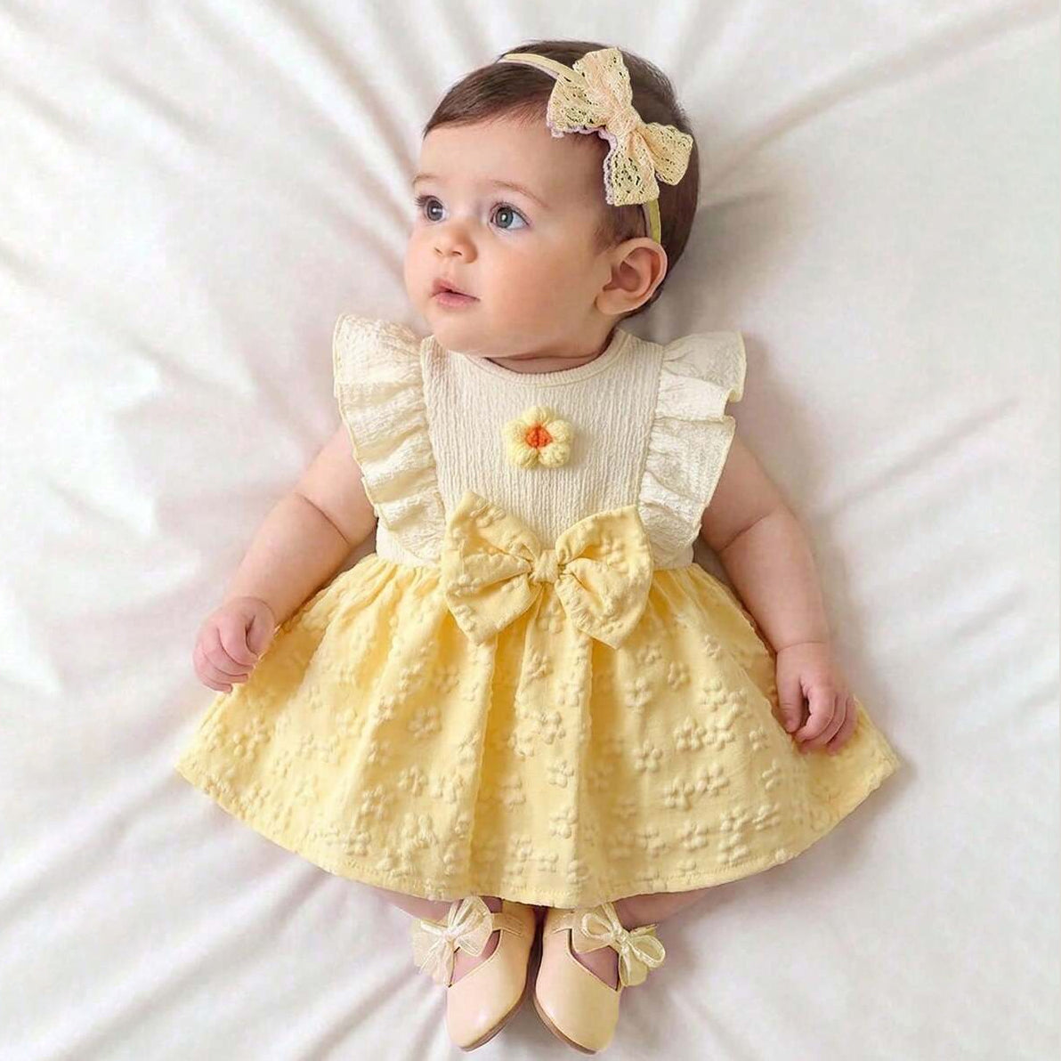 Grace Floral Appliqué Flutter Sleeve Baby Dress