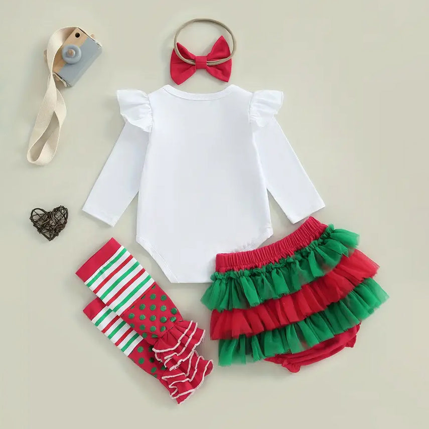 4PCS Christmas Tree Printed Mesh Baby Set