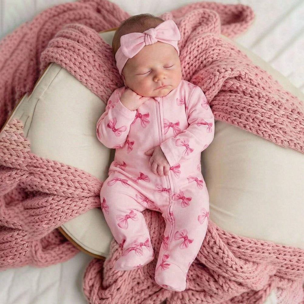 2PCS Quirky Bow Print Long Sleeve Zipper Baby Girl Jumpsuit