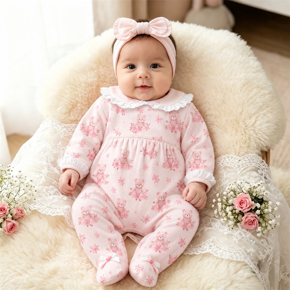 2PCS Adorable Bear Floral Print Ruffle Baby Jumpsuit